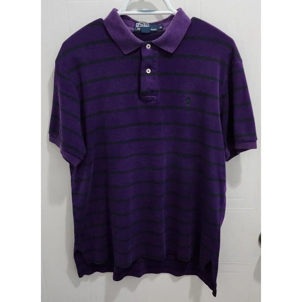 POLO Ralph Lauren Purple Striped Polo Shirt Size M 100% Cotton Green‎ Pony